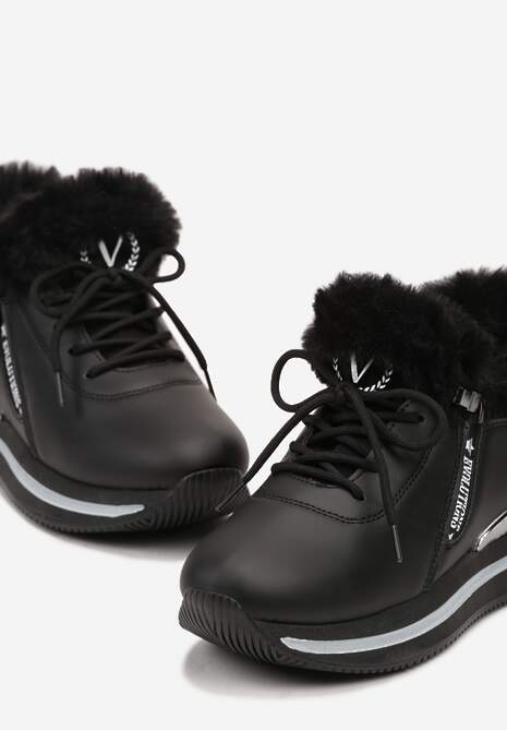 Czarne Sznurowane Botki Sneakersy z Futerkiem Gameda