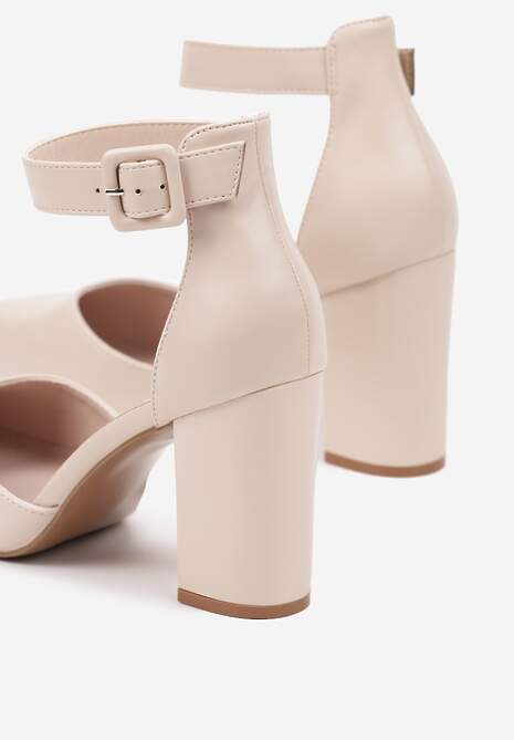 Jasnobeżowe Czółenka na Obcasie Typu Słupek ze Skórzaną Wkładką i Paseczkiem Wokół Kostki Belandria