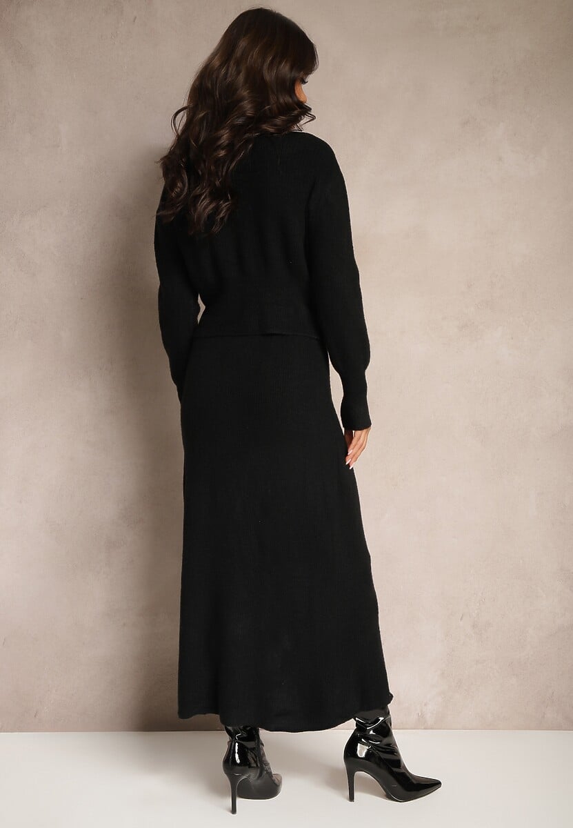 Czarny Komplet z Dzianiny z Wełną Kardigan z Guzikami i Spódnica z Gumką w Talii Melzina