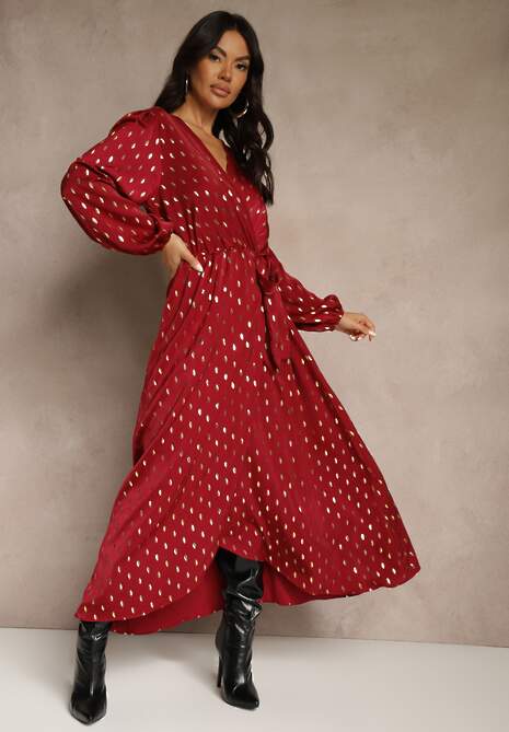 Bordowa Wiązana Sukienka o Kopertowym Kroju Zdobiona Metalicznym Printem Reinora