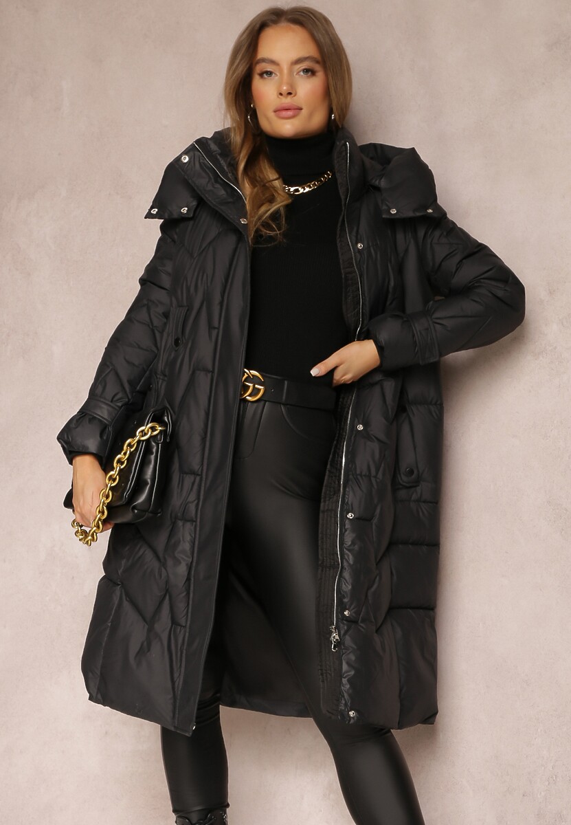 Żółta Kurtka Pikowana Długa z Paskiem i Saszetką Cythine