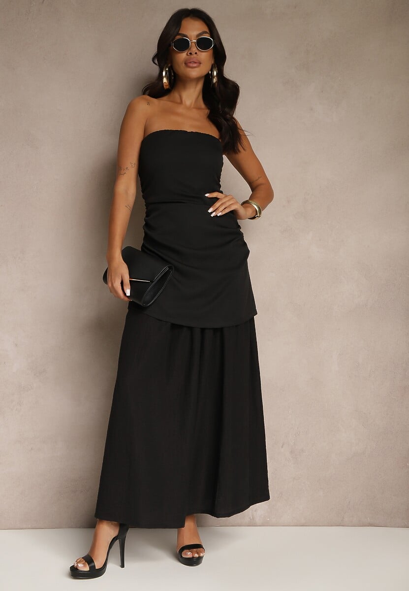 Czarna Sukienka Koktajlowa z Dekoltem Bandeau Ozdobiona Marszczeniem Folimmea