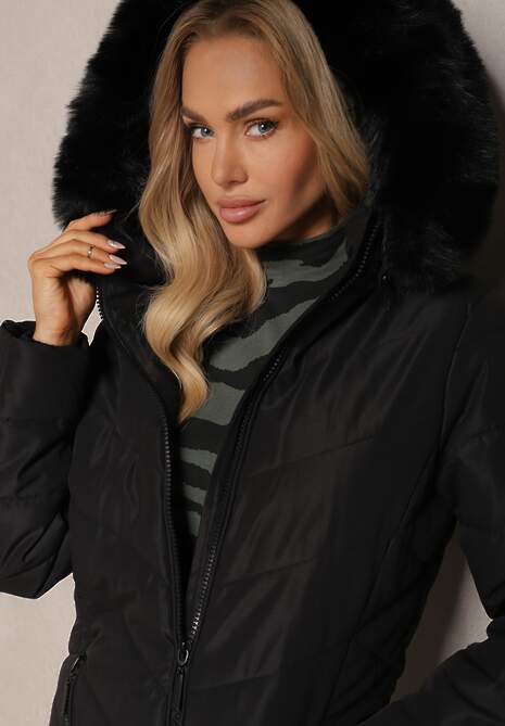 Czarna Długa Kurtka z Pikowanym Wzorem i Odpinanym Futerkiem Raishae