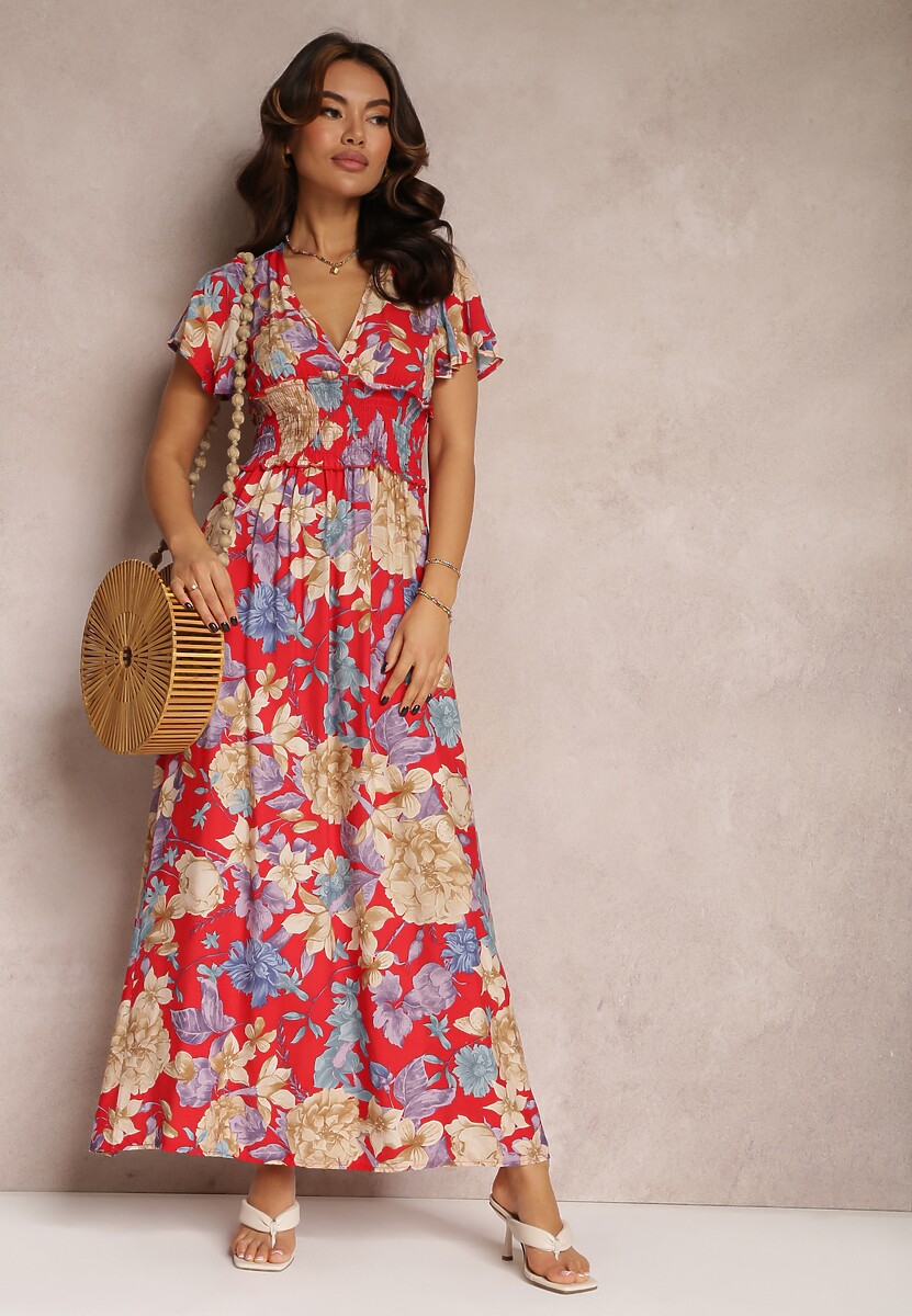 Czerwona Sukienka z Szeroką Gumką w Talii w Kwiaty Shathi