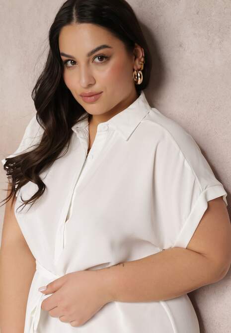 Biała Sukienka Koszulowa Wiązana w Pasie z Krótkimi Rękawami Wellwood