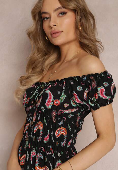 Czarna Bawełniana Sukienka Hiszpanka z Gumką w Pasie i Wzorem Paisley Maggies