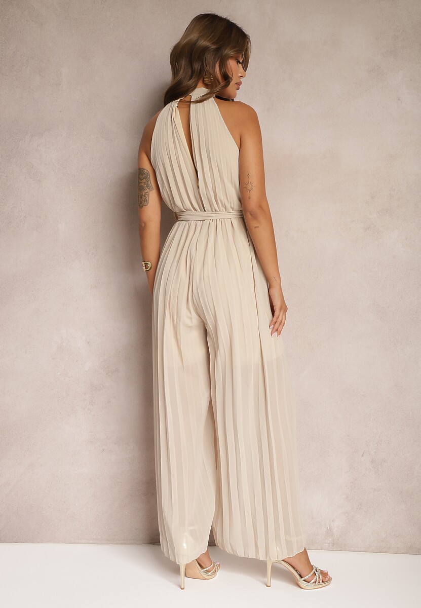 Beżowy Kombinezon z Dekoltem Typu Halter i Gumką w Talii Zolefia