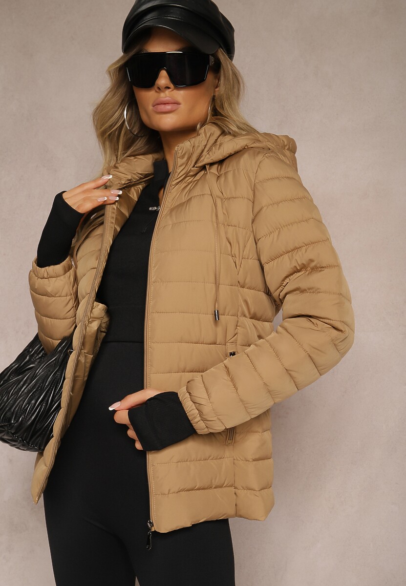 Granatowa Kurtka Ozdobiona Pikowaniem Wykończona Sznurkami i Kapturem Mivissa