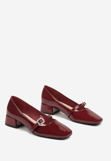 Bordowe Lakierowane Czółenka z Paseczkiem i Klamerką z Cyrkoniami Ettavella
