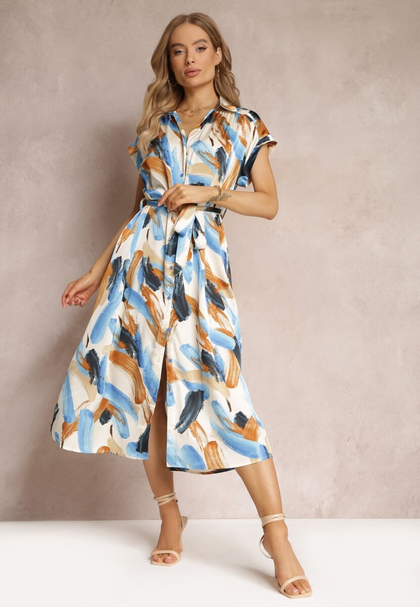 Niebieska Wzorzysta Sukienka Midi z Kołnierzem i Materiałowym Paskiem Jenica