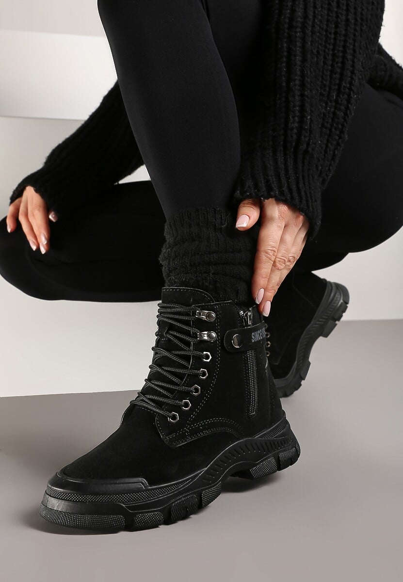 Beżowe Sznurowane Botki Traperki na Grubej Podeszwie Trewenna