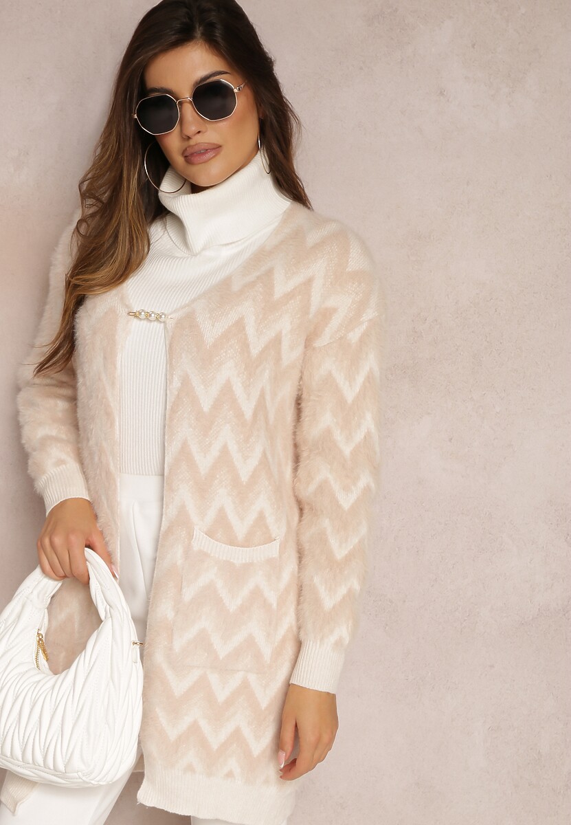Beżowy Niezapinany Kardigan o Przedłużonym Fasonie w Zygzaki Chevron Oherna