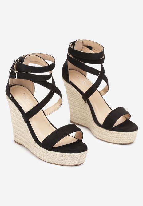 Czarne Sandały z Paskami na Plecionej Koturnie z Juty Idania