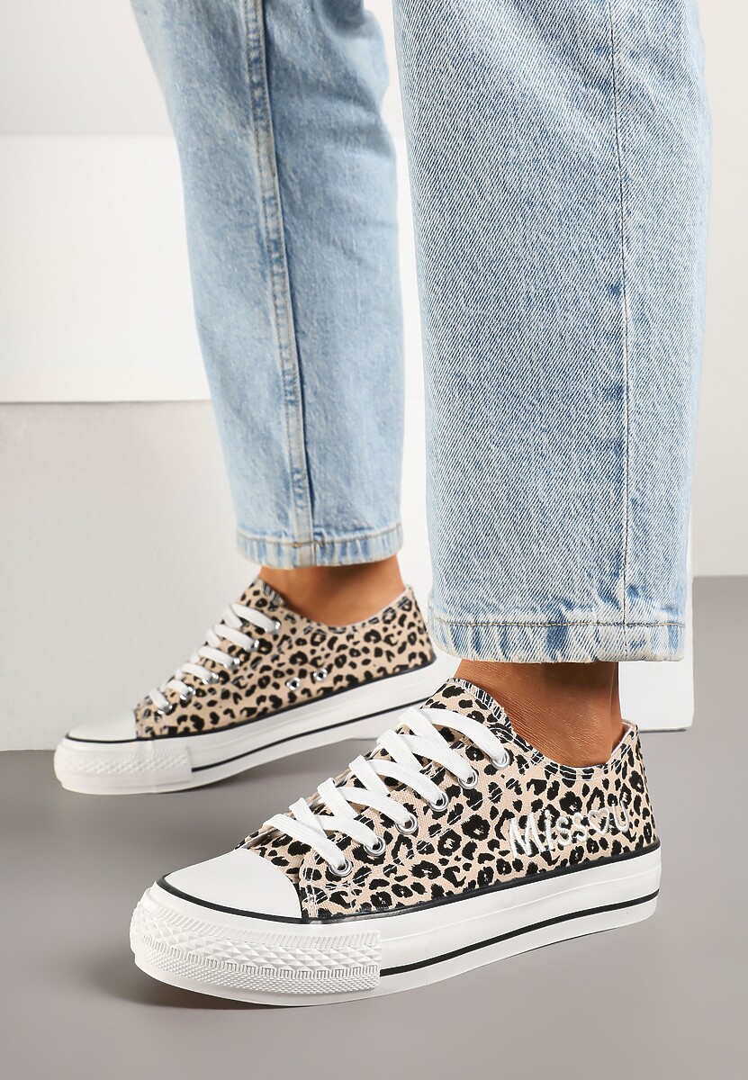 Panterkowe Brokatowe Trampki z Napisem i Niską Cholewką Borlevi