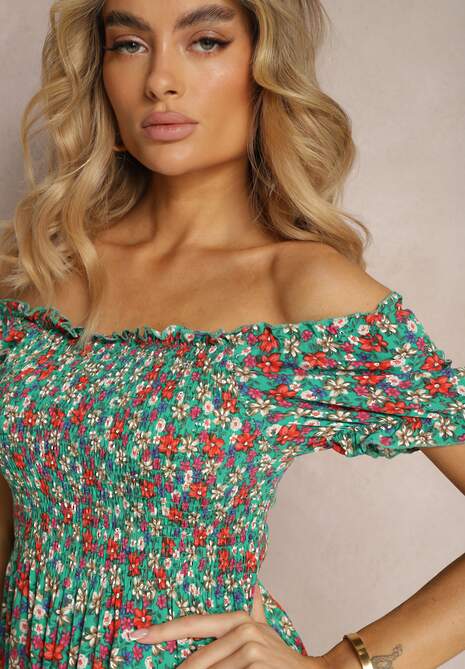 Zielona Hiszpanka Sukienka z Wiskozy w Kwiatowy Wzór z Gumką w Pasie Silemia