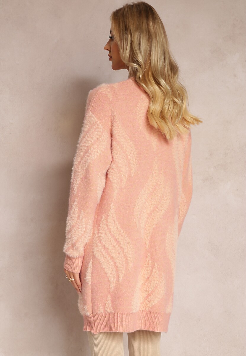 Ciemnoróżowy Luźny Kardigan Niezapinany z Dłuższym Włosiem Karsta