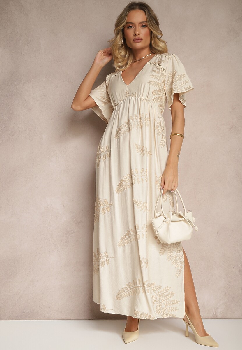 Beżowa Rozkloszowana Sukienka z Wiskozy Ozdobiona Haftowanymi Liśćmi Tirvesa