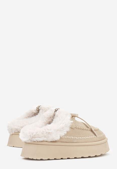 Beżowe Rustykalne Śniegowce z Niską Cholewką Zdobione Futrem i Kokardą Tuspena