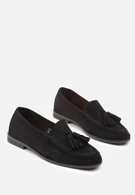 Czarne Mokasyny z Imitacji Zamszu z Aplikacją z Frędzlami Nalonissa