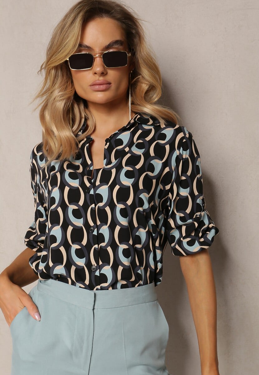 Czarno-Niebieska Koszula z Wiskozy i Bawełny z Łańcuszkowym Wzorem Natheia