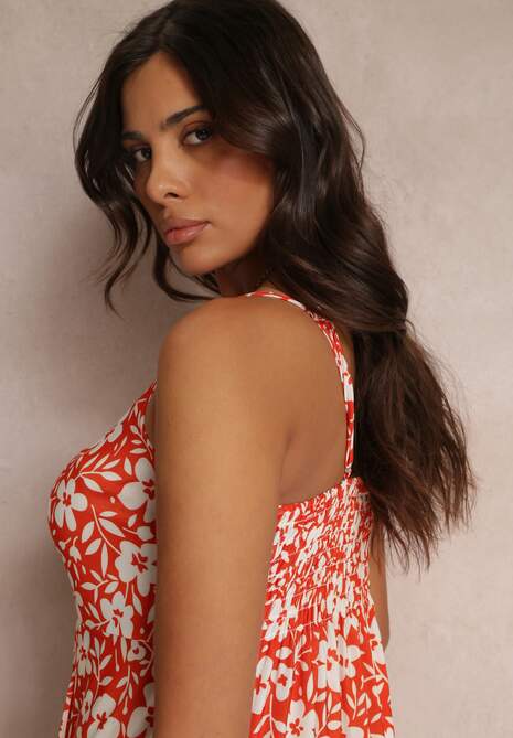 Pomarańczowa Sukienka Maxi z Dłuższym Tyłem na Cienkich Ramiączkach Stanisa