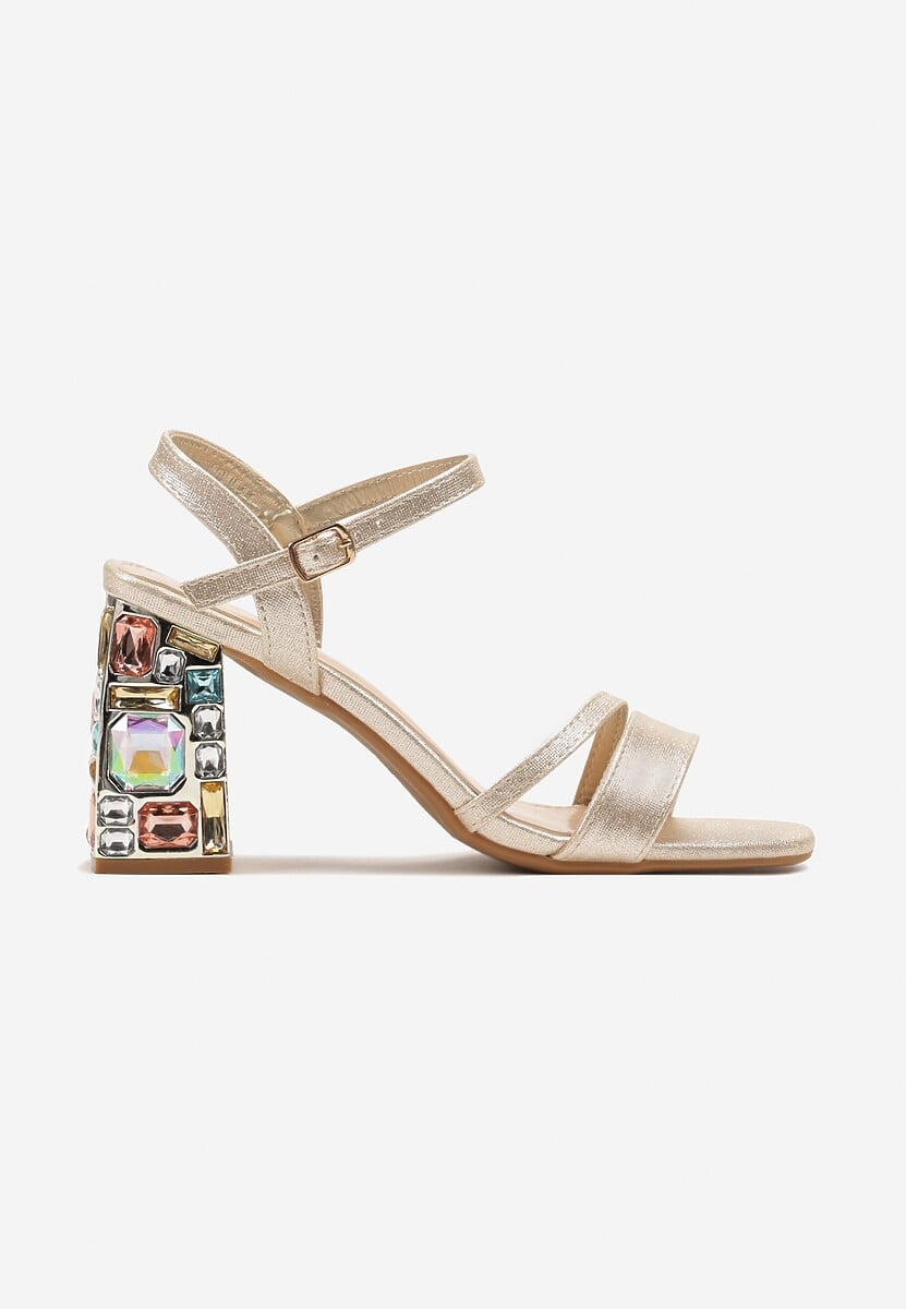 Złote Sandały Zapinane na Sprzączkę z Kryształkami na Słupku i Brokatem Laquie