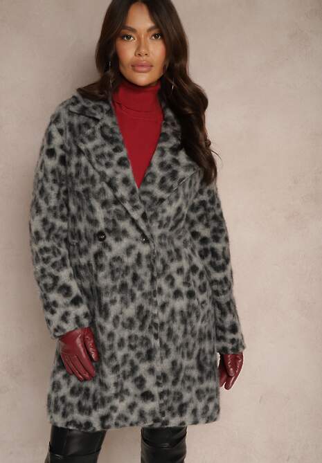 Szary Panterkowy Płaszcz Dwurzędowy z Wsuwanymi Kieszeniami Niarelith