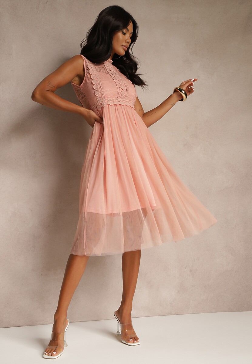 Ciemnoróżowa Koktajlowa Sukienka Midi z Koronkową Górą i Tiulowym Dołem Nebulia