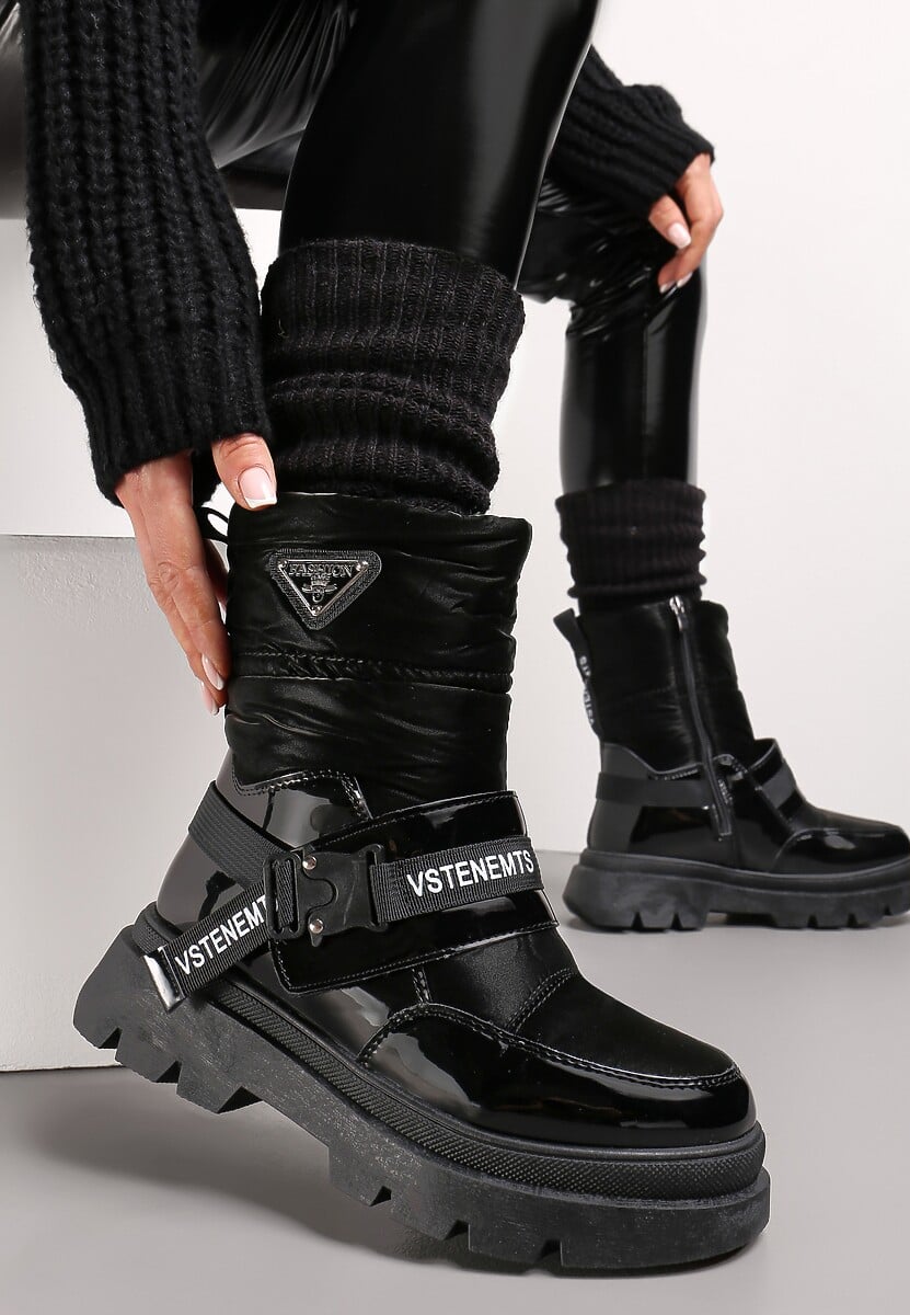 Czarne Śniegowce Lakierowane z Taśmami z Napisami Ermanno