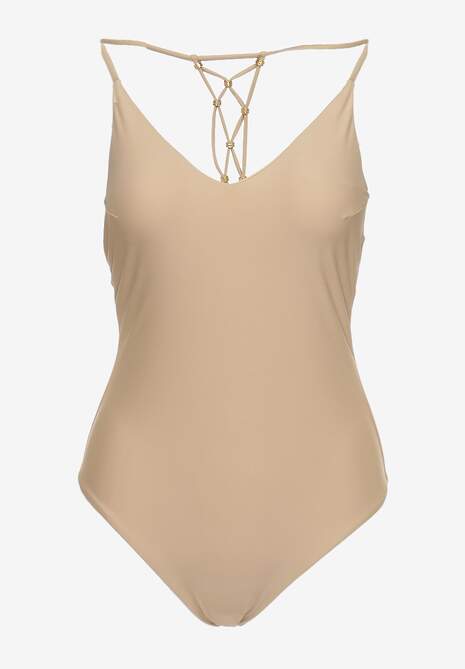 Beżowy Jednoczęściowy Strój Kąpielowy z Ozdobnym Wiązaniem na Plecach Bosiara