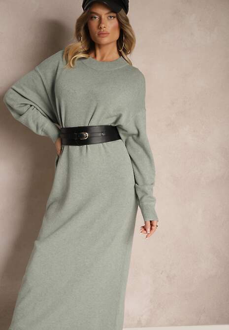 Miętowa Pudełkowa Sukienka z Dzianiny z Wiskozą Maziala