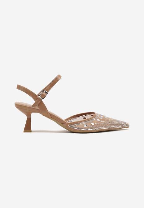 Brązowe Sandały na Kaczuszce ze Szpiczastym Noskiem Zdobionym Cyrkoniami Adive