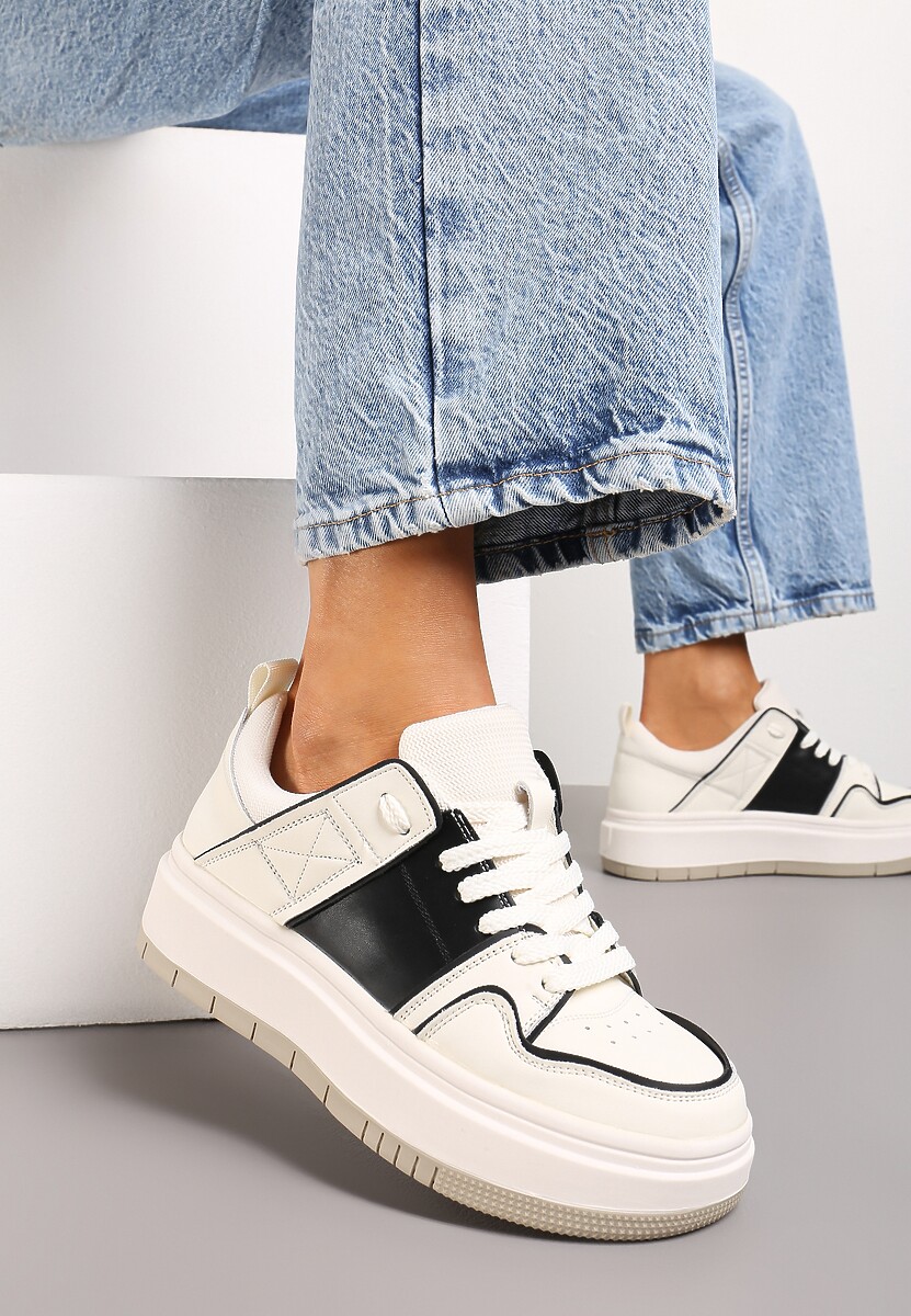 Biało-Czarne Sznurowane Sneakersy ze Skóry z Ozdobnymi Przeszyciami na Niskiej Platformie Glenita