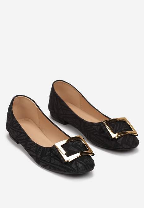 Czarne Koronkowe Balerinki z Szeroką Klamrą i Lylnea