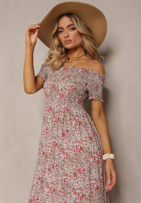 Różowa Długa Sukienka Bawełniana Hiszpanka w Kwiatowy Wzór Nrosa