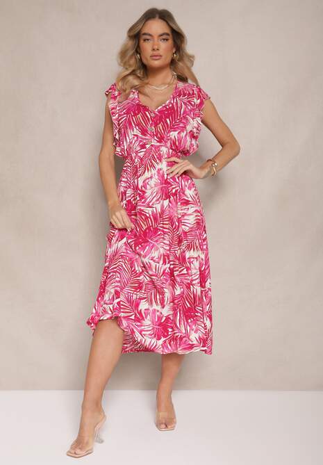 Różowa Sukienka o Rozkloszowanym Fasonie z Bawełny w Liście Lanadena