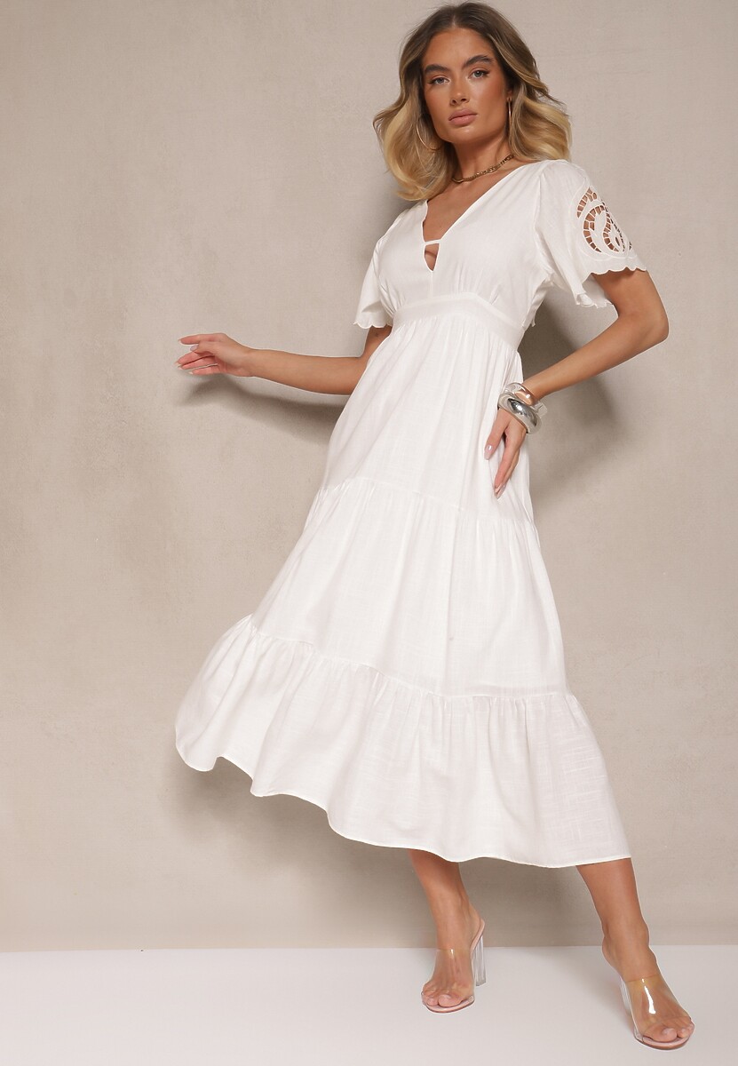 Biała Rozkloszowana Sukienka z Lnu i Wiskozy Zdobiona Wiązaniem i Haftem Avelzeri