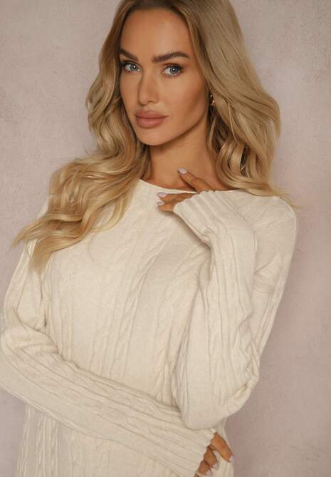 Jasnobeżowy Sweter z Bawełną Wiskozą i Ozdobnym Splotem Viacelia