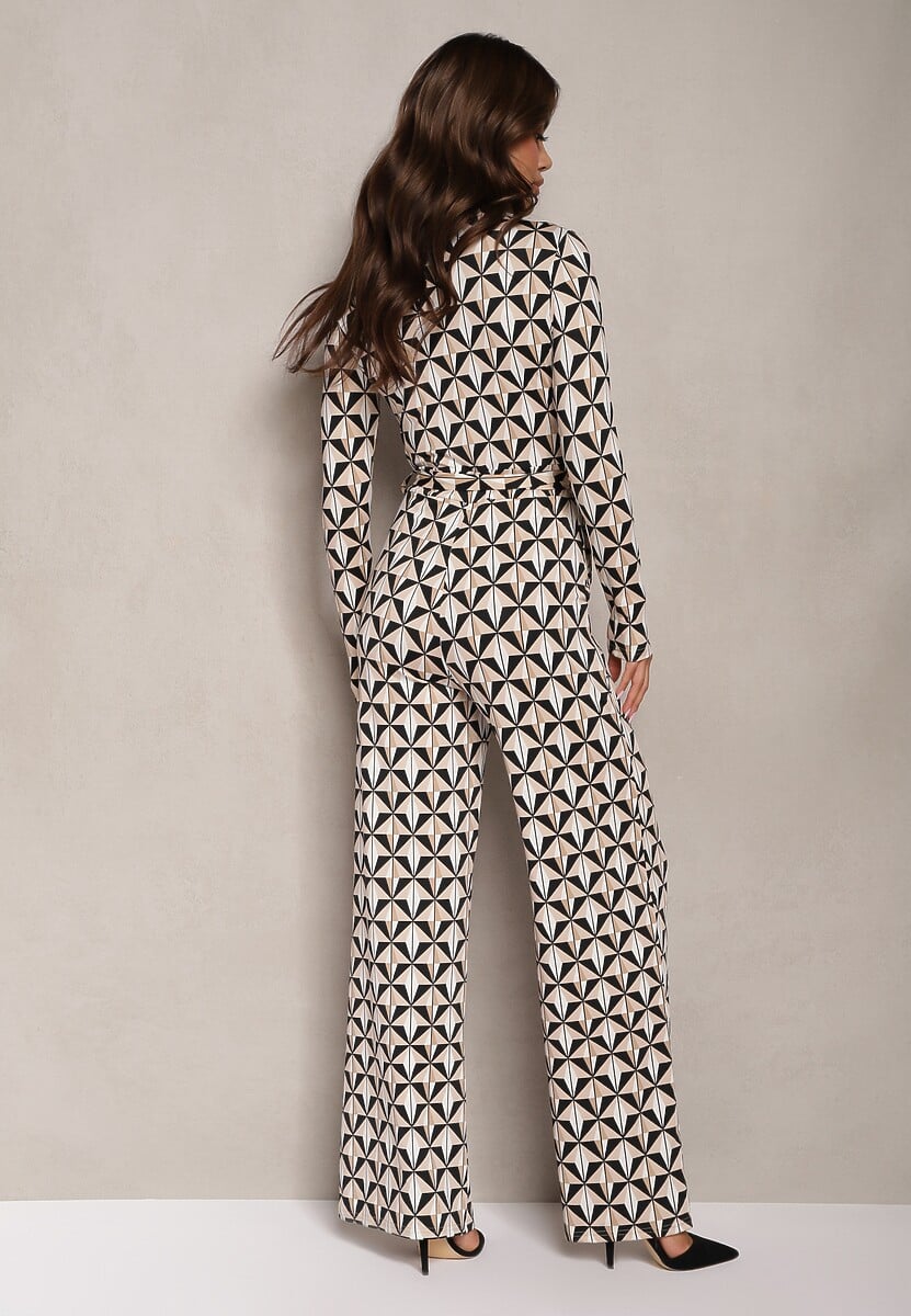 Beżowo-Czarny Kombinezon o Taliowanym Fasonie z Materiałowym Paskiem i Geometrycznym Printem Fenoria
