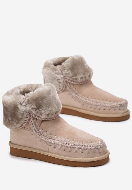 Beżowe Śniegowce za Kostkę z Ozdobnym Futerkiem Catalisa