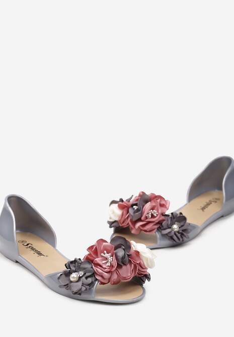 Szare Otwarte Balerinki z Aplikacją z Kwiatami Anlofi
