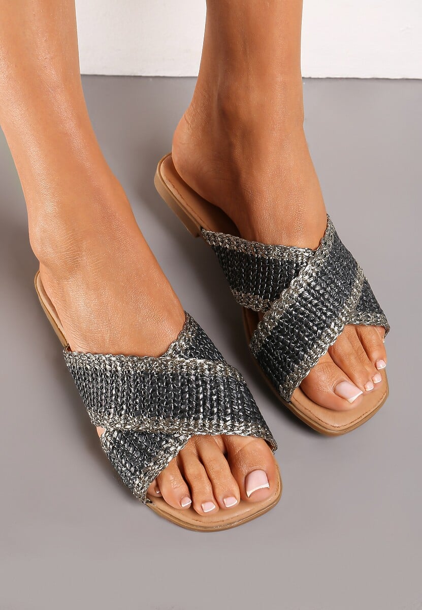 Ciemnoszare Ozdobnie Plecione Klapki na Płaskiej Podeszwie Neirika