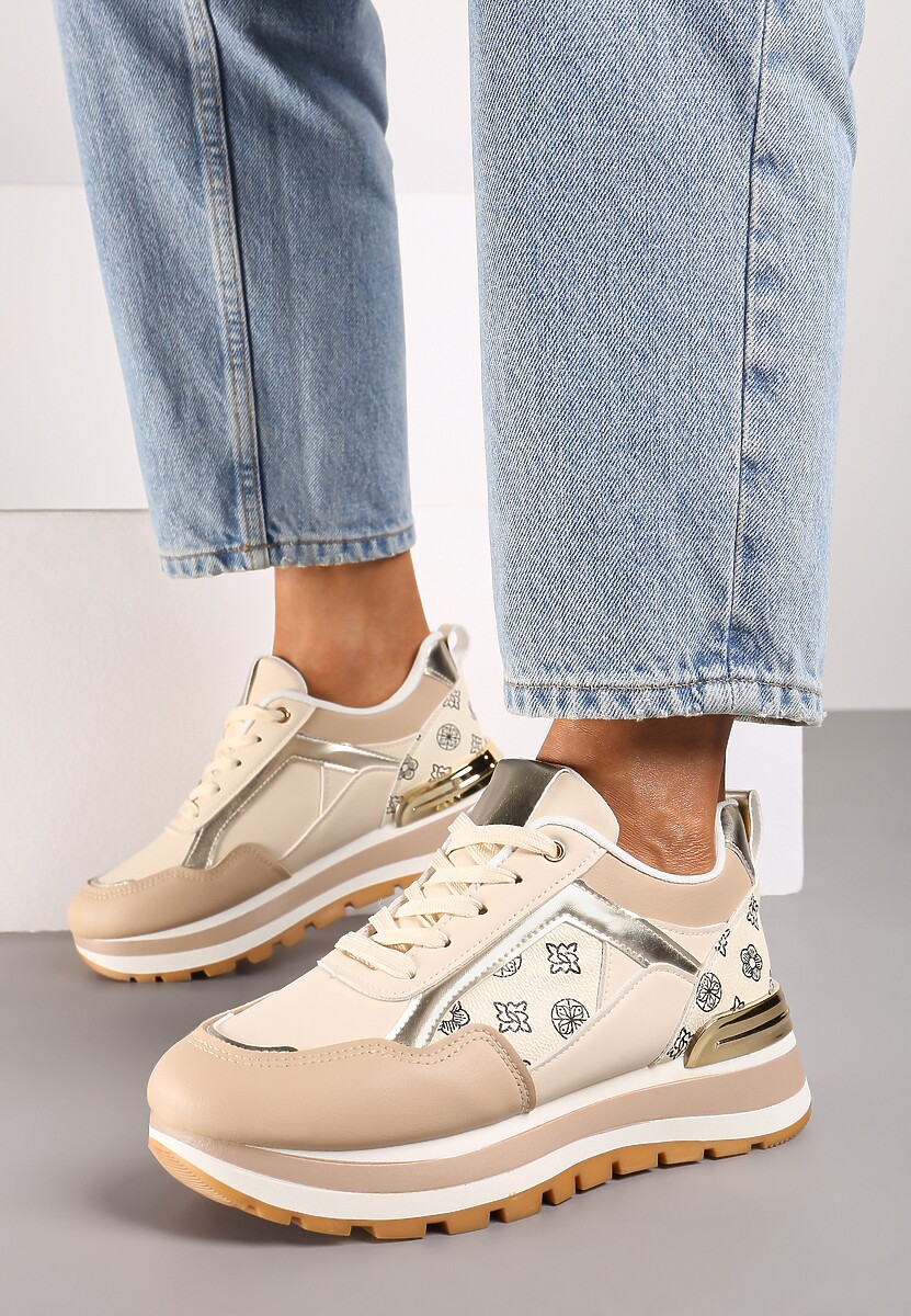 Beżowe Sneakersy Ozdobione Geometrycznym Wzorem i Metaliczną Wstawką Ifira