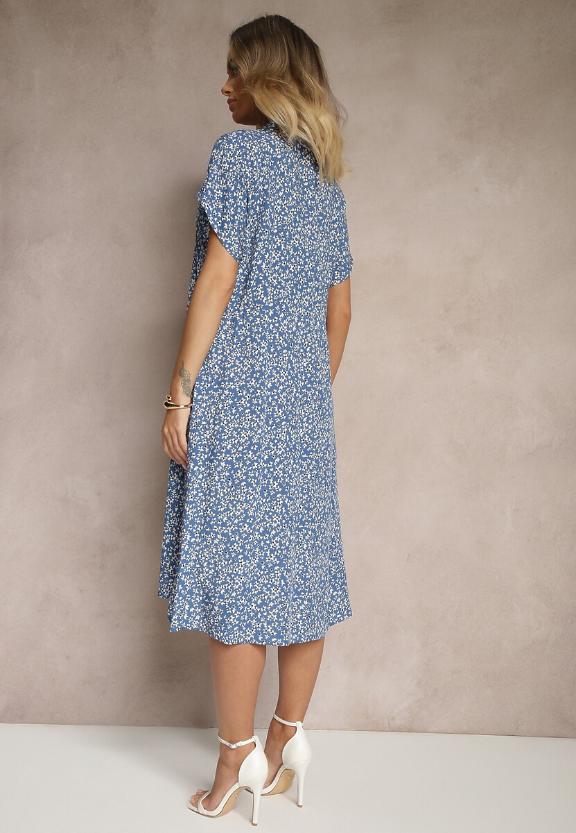 Granatowa Koszulowa Sukienka z Bawełny w Kwiaty o Rozkloszowanym Fasonie Sarilon