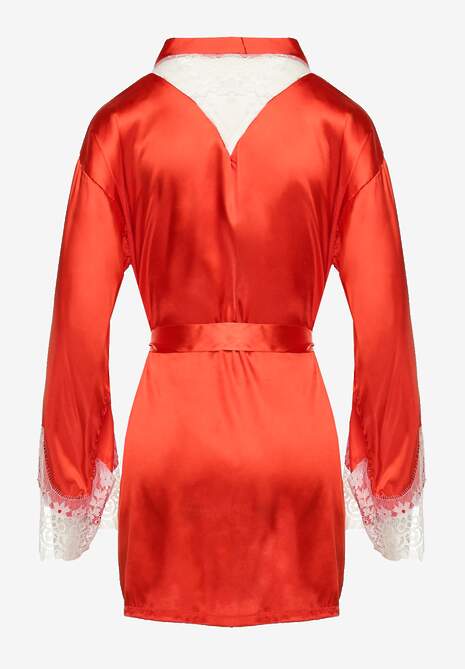Czerwony Satynowy Szlafrok z Koronką i Wiązanym Paskiem Pascalle