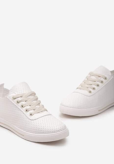 Biało-Beżowe Płaskie Sznurowane Tenisówki przed Kostkę Ozdobione Perforacją Serettia