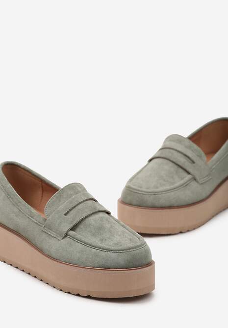 Zielone Półbuty w Stylu Mokasynów z Imitacji Zamszu na Platformie Vhisper