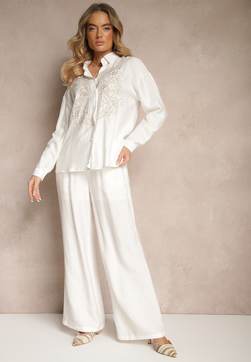 Biały Komplet z Wiskozą Szerokie Spodnie i Koszula z Haftem Etno Nolabina