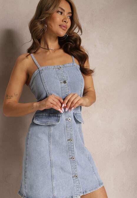 Niebieska Sukienka z Guzikami na Ramiączkach Rellada