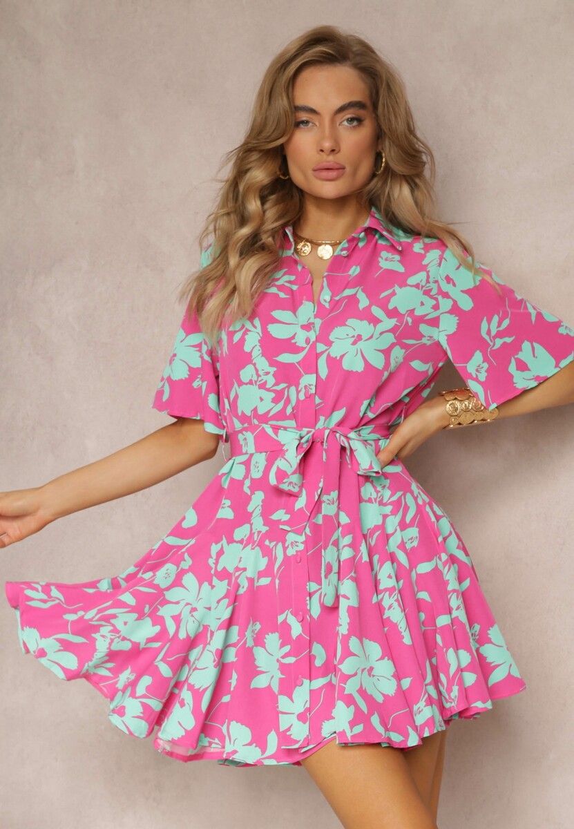 Różowo-Zielona Kwiecista Sukienka Mini w Koszulowym Stylu Tillsenta